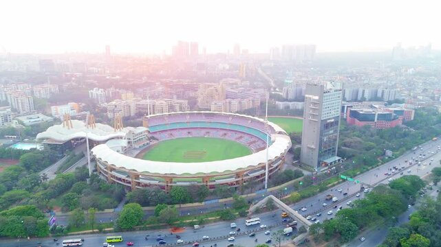 Aerial view congested highway near sports complex in city