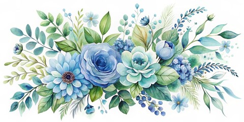 Serene Watercolor Floral Arrangement Featuring Delicate Blue and Green Hues, Ideal for Invitations, Cards, and Decorative Purposes