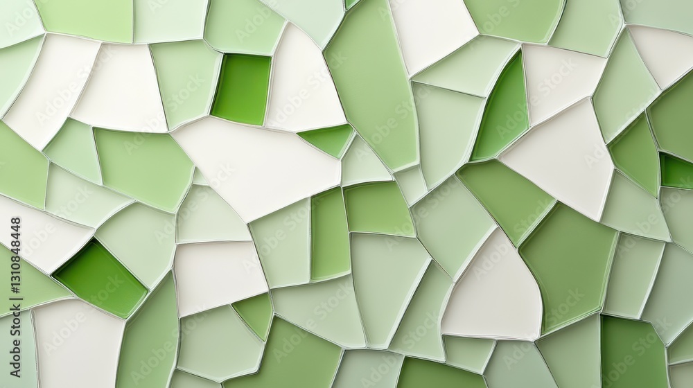 Poster abstract geometric green and white mosaic pattern background with irregular shapes.
