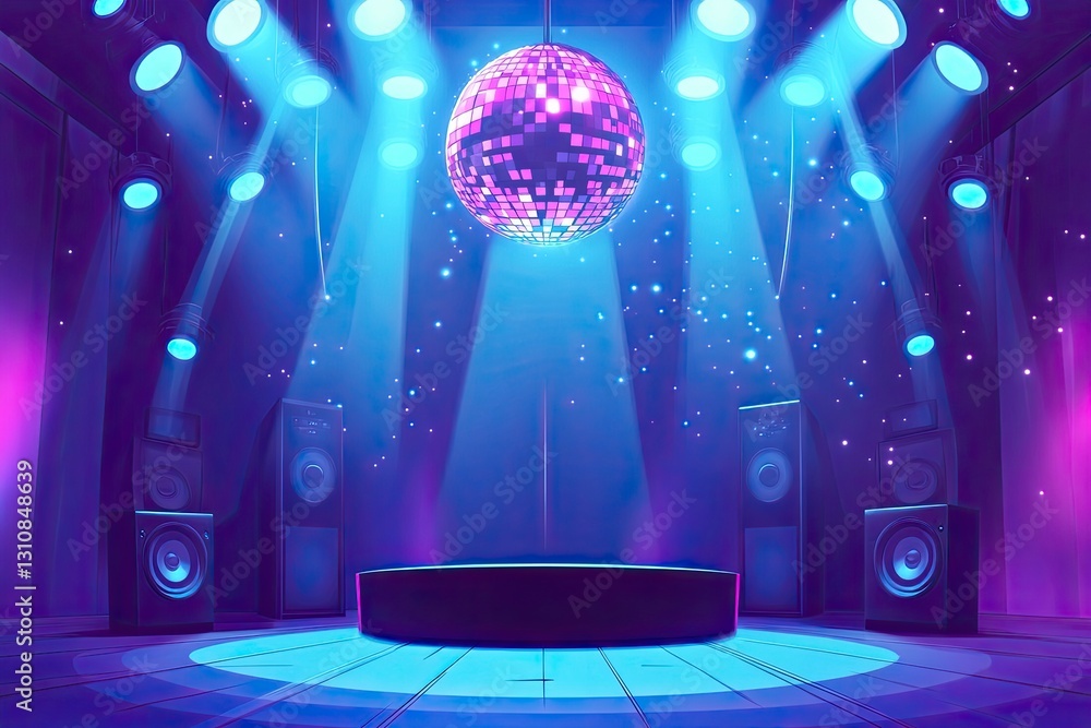 Poster a vector illustration of an empty stage with speakers and a disco ball lighting up the center area, 