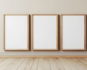 Three Empty Wooden Frames Stand Against a Minimalistic Wall
