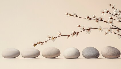 Calm stones and spring blossom still life