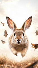 Obraz premium Brown Rabbit in Flight Amidst Birds, Pixelated Effect, Light Beige Background