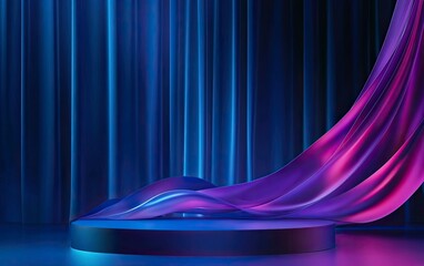 Abstract background podium scene with blue and purple neon light glowing geometric shapes, circular platform for product presentation on a dark curtain backdrop wall.