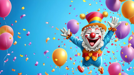 Happy Colorful Clown Celebrating with Balloons and Confetti
