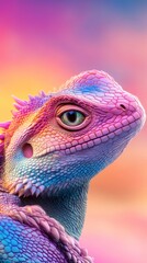 Fototapeta premium Close Up of a Multicolored Lizard on Pastel Background