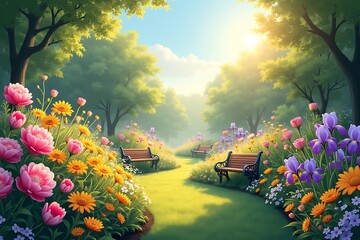 Oil paintings landscape, spring in the garden. Fine art, artwork
