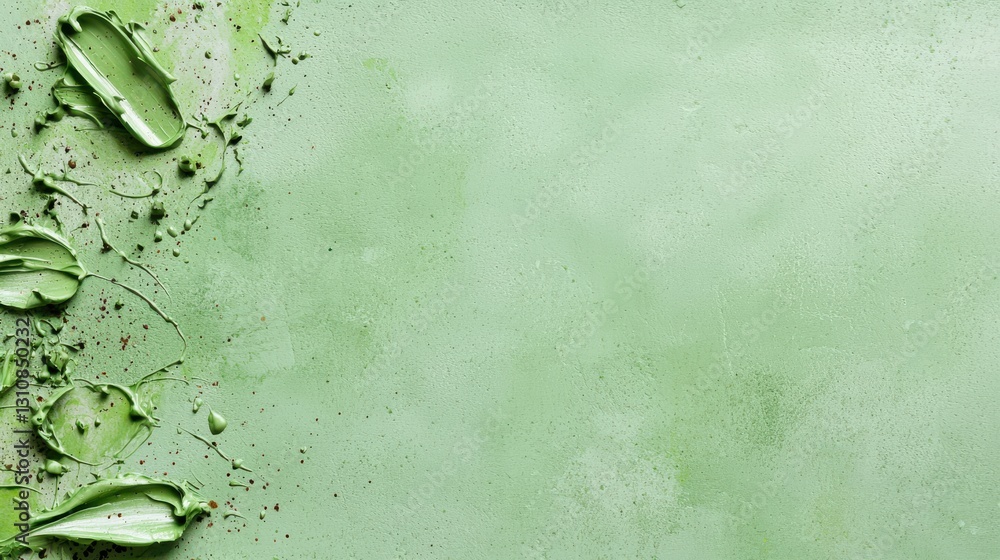 Poster abstract green textured background with paint streaks and splatters on a smooth surface.