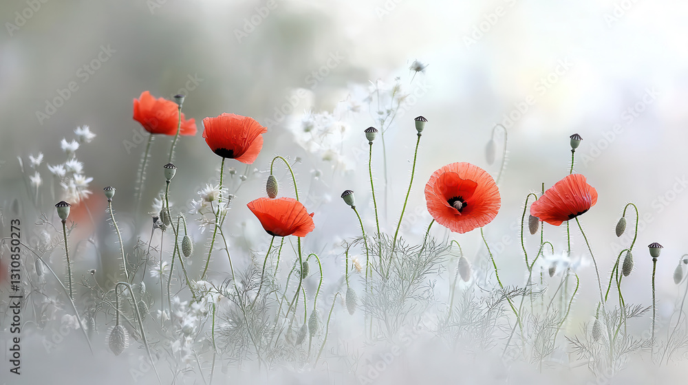 Poster soft focus image of blooming poppies in summer field, creating serene and tranquil atmosphere