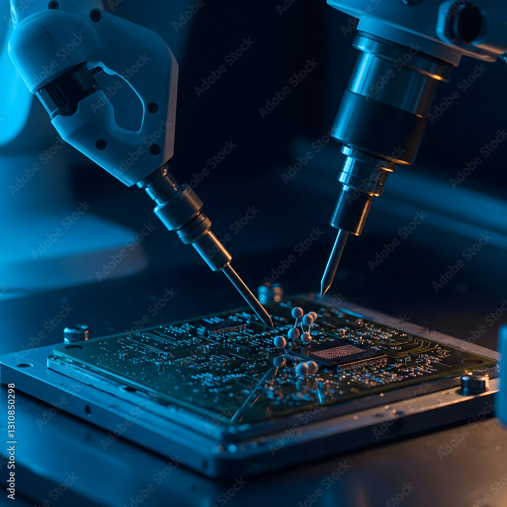 Poster automated robotic arms precisely assemble components on a circuit board under blue lighting. high te