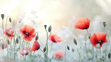Obraz premium soft focus image of blooming poppies in summer field, evoking tranquility and beauty