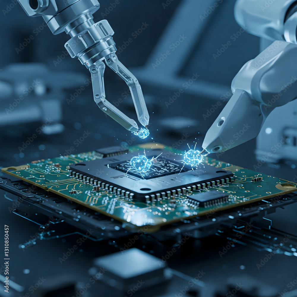 Poster robotic arms precisely placing glowing digital components onto a circuit board in a high tech settin