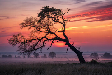 solitary tree silhouetted against vibrant sunset, with misty fields in background, creates serene and tranquil atmosphere