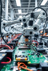 Fototapeta premium High-Tech Automated Manufacturing Process with Robotic Arms Assembling Circuit Boards