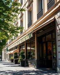 Naklejka premium Charming Parisian Streetscape Featuring a Boutique Café with Green Awnings