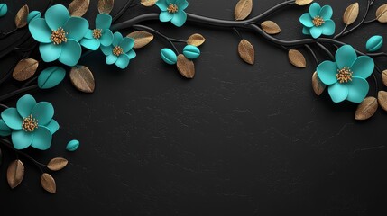 Elegant Turquoise Flowers with Golden Leaves on Dark Background
