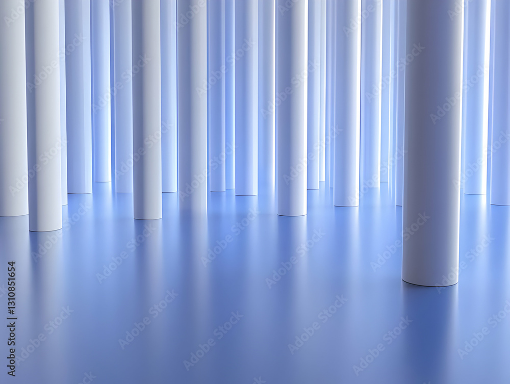 Poster abstract 3d render of white columns and blue floor displaying