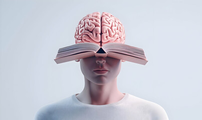 Human figure with brain and open book creating knowledge concept