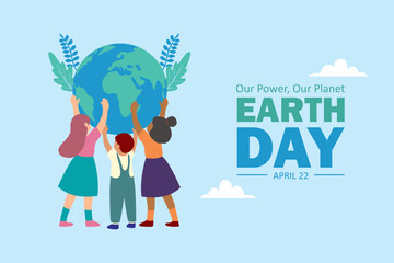 Happy Earth Day concept background vector. Children holding globe, nature, leaves, and eco-friendly environment. Illustration design for web, banner, campaign, and social media post.