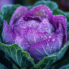 Beautiful Decorative Cabbage Leaves Covered with Water Droplets in Natural Lighting