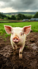 Fototapeta premium Adorable Pink Piglet In Muddy Farm Pasture