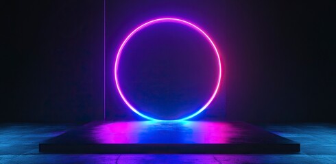 3D rendering of an abstract futuristic background with a neon blue and purple light effect. Glowing geometric shapes, a round portal or arch on a black stage with empty space for product presentation.