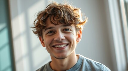 Cheerful Young Man with Curly Hair and Genuine Smile in Soft Natural Light
