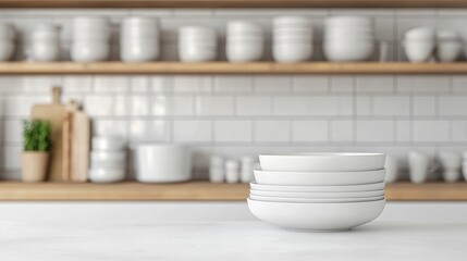Stack of white bowls on kitchen counter, blurred background. Perfect for blogs, websites, or food related projects.