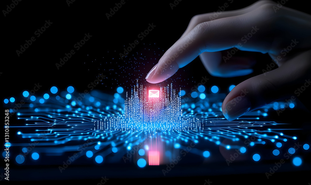 Poster hand touching digital interface with data visualization elements