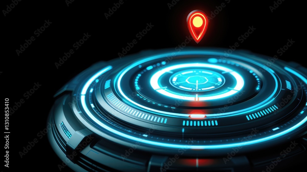 Poster futuristic interface with glowing elements and location marker.