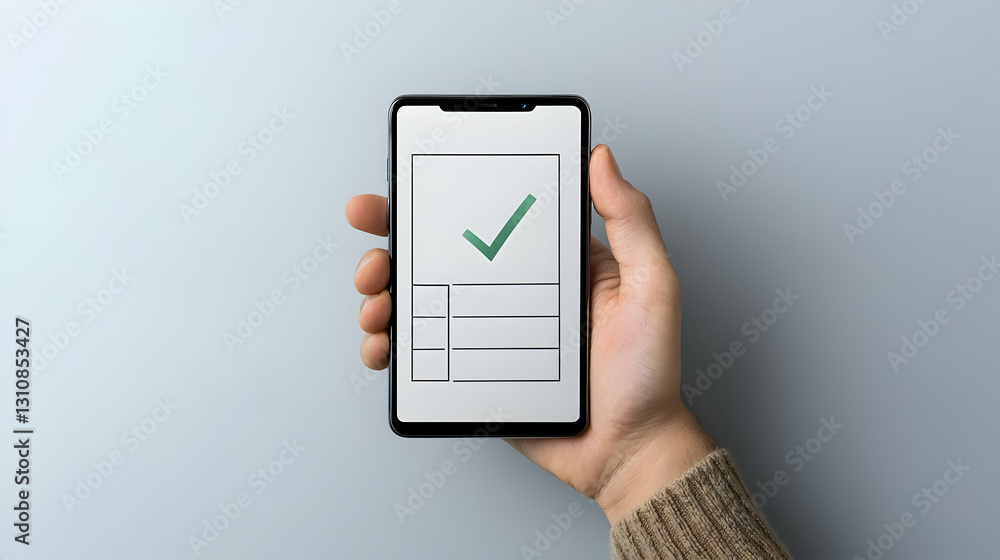 Poster hand holding smartphone displaying confirmed task completion check