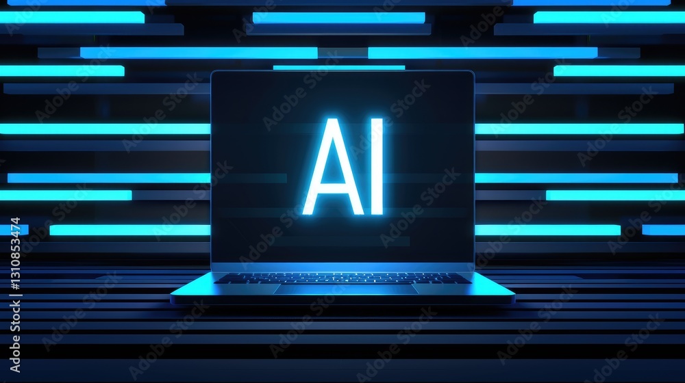 Poster futuristic laptop displaying glowing 