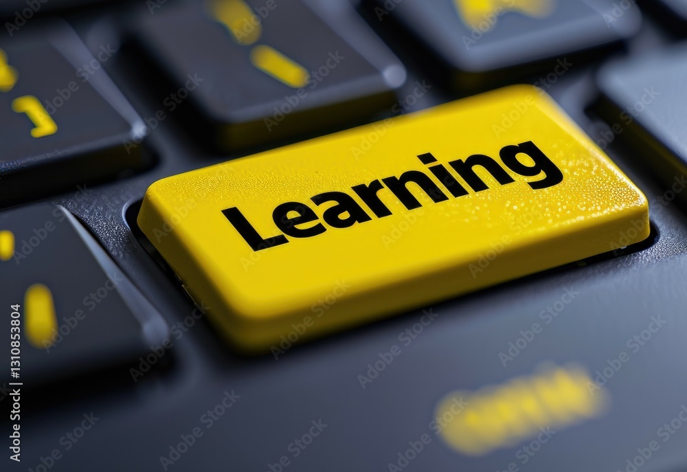 Poster learning key on a black keyboard with a yellow button.