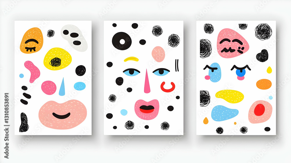 Poster abstract colorful faces with dots and shapes on white background