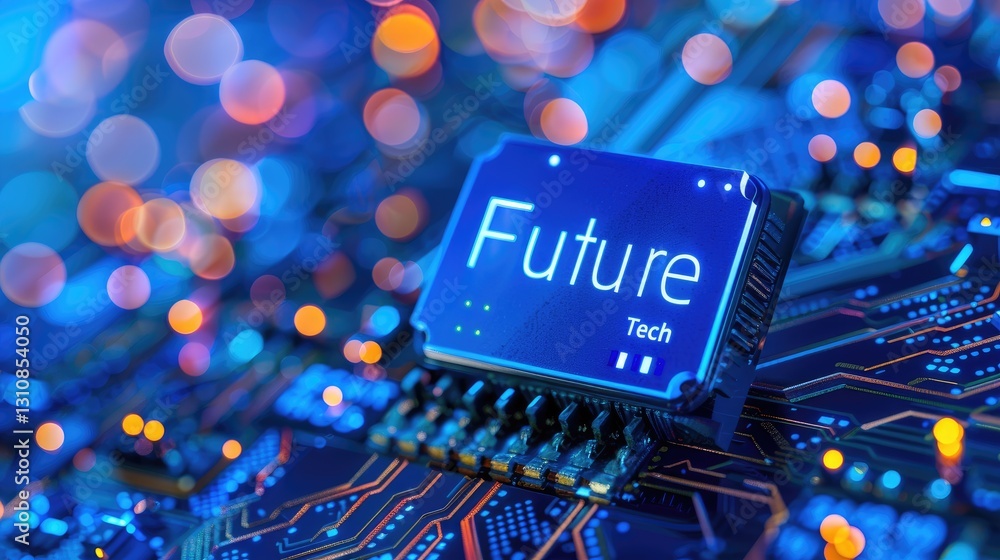 Poster digital chip representing future technology concepts.