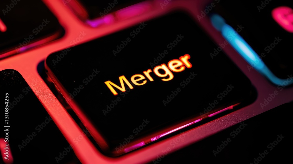 Poster close-up of a keyboard key displaying the word merger.