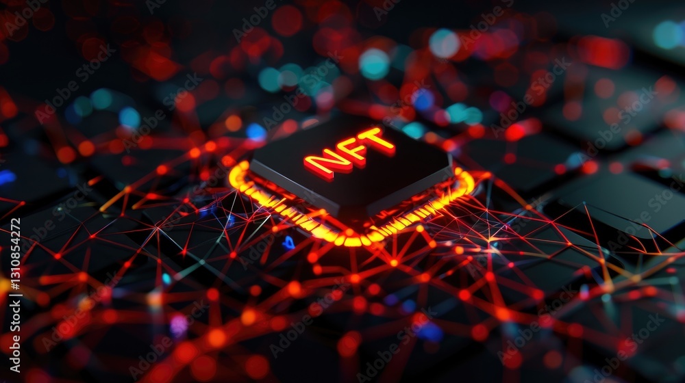 Poster illuminated nft key on a keyboard surrounded by digital connections.