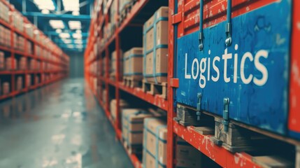 Warehouse aisle with shelves labeled for logistics storage.