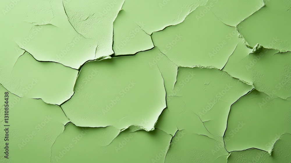 Poster close-up of cracked green paint texture creating an abstract pattern, ideal for backgrounds or desig