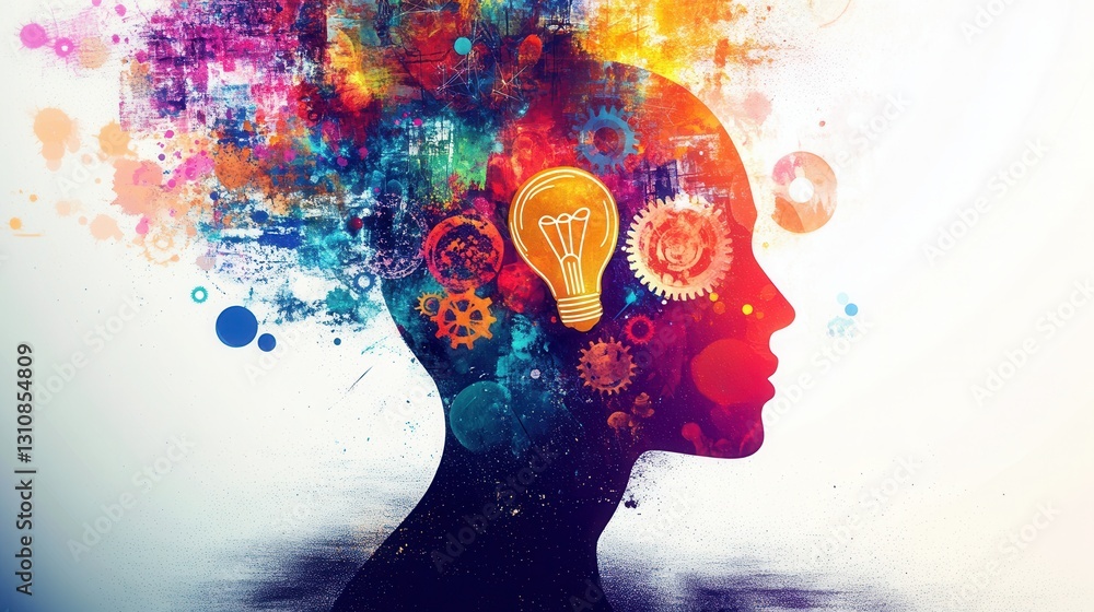 Poster creative mind silhouette with floating symbols representing innovation and imagination in a vibrant 