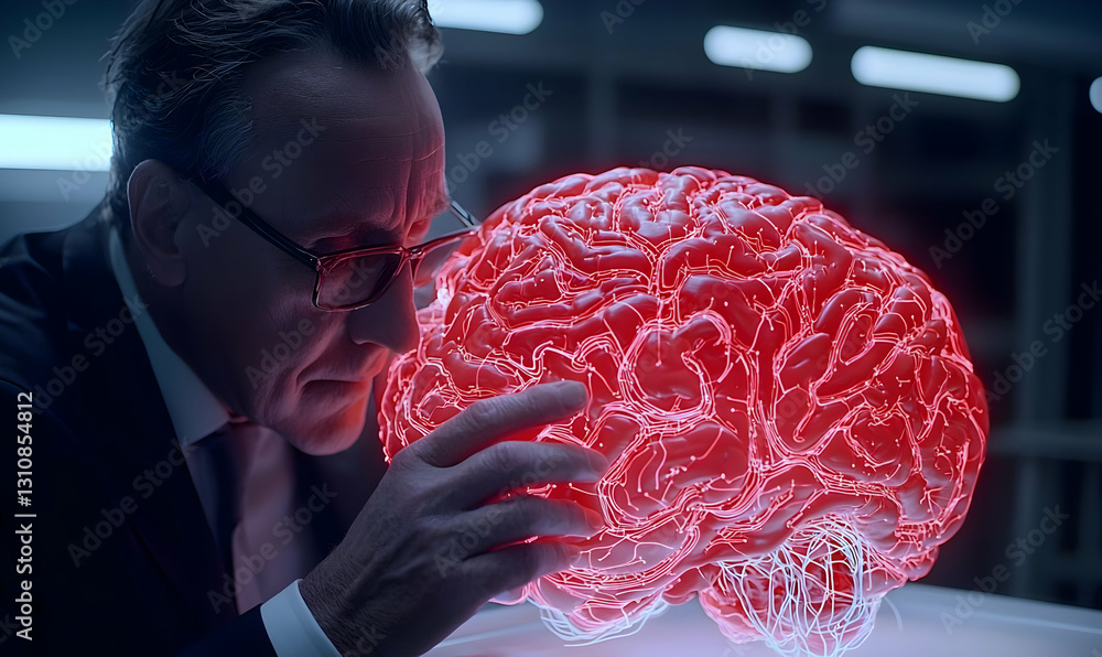 Poster red brain visualization with scientist observing in laboratory setting