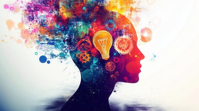 Creative mind silhouette with floating symbols representing innovation and imagination in a vibrant artistic display