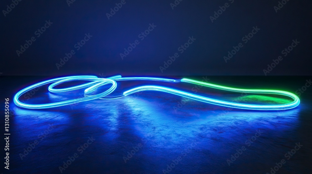 Poster 3d rendering of blue and green neon light lines on a dark background with a floor for product presen