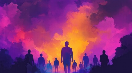 Fototapeta premium Silhouettes of People Walking Towards a Vibrant Colorful Background
