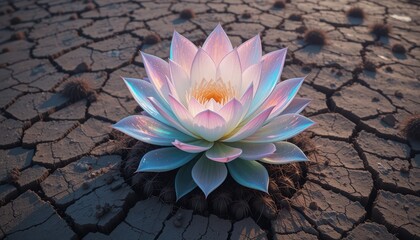 Iridescent Lotus Flower Blooming in Dry Cracked Earth Surreal Nature Scene