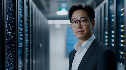 Fototapeta premium Professional Man in Business Attire in Data Center with Servers
