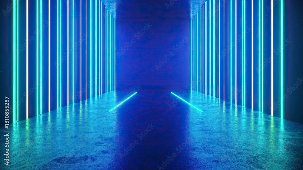 Poster 3d rendering of blue and green neon light lines on a dark background with a floor for product presen