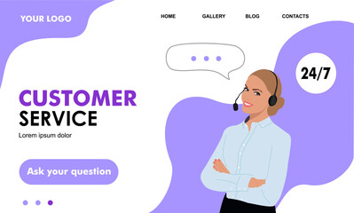 Landing page template of Customer support. Woman with headphones and microphone. Concept illustration for support, assistance, call center. Banner, web page, app. Flat vector illustration.