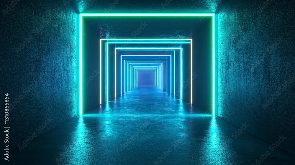 Poster 3d rendering of blue and green neon light lines on a dark background with a floor for product presen