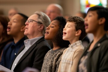 Family members of all ages come together in harmony, singing hymns in a church setting. Their expressions reflect joy and connection as they share this uplifting experience